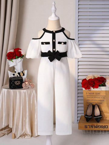 Young Girls Color Block Off Shoulder Jumpsuit With Puff Sleeves