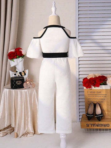 Young Girls Color Block Off Shoulder Jumpsuit With Puff Sleeves