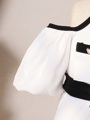 Young Girls Color Block Off Shoulder Jumpsuit With Puff Sleeves