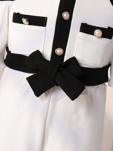 Young Girls Color Block Off Shoulder Jumpsuit With Puff Sleeves