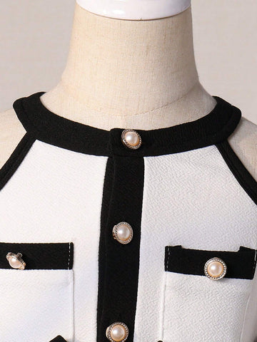 Young Girls Color Block Off Shoulder Jumpsuit With Puff Sleeves