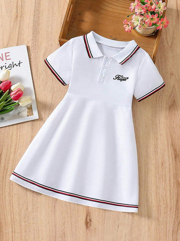 Young Girls' Color Block Striped Polo Collar Short Sleeve Sports Dress, Spring/Summer