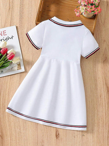 Young Girls' Color Block Striped Polo Collar Short Sleeve Sports Dress, Spring/Summer