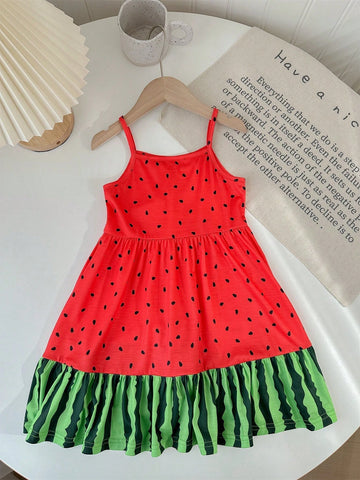 Young Girls' Color Block Watermelon Printed Sleeveless Spaghetti Strap Dress For Casual Occasions