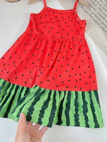 Young Girls' Color Block Watermelon Printed Sleeveless Spaghetti Strap Dress For Casual Occasions