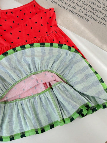 Young Girls' Color Block Watermelon Printed Sleeveless Spaghetti Strap Dress For Casual Occasions