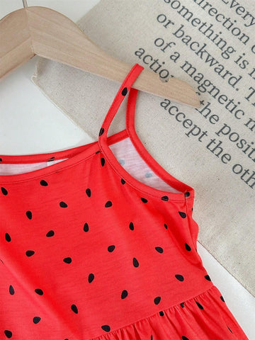 Young Girls' Color Block Watermelon Printed Sleeveless Spaghetti Strap Dress For Casual Occasions