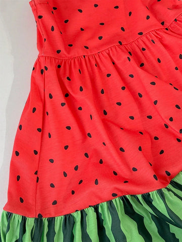 Young Girls' Color Block Watermelon Printed Sleeveless Spaghetti Strap Dress For Casual Occasions