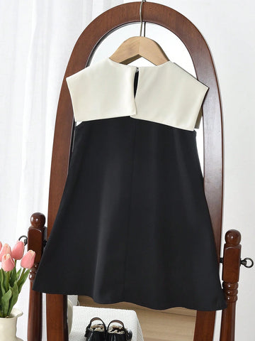 Young Girls Color Blocked Lapel Sleeveless Dress Sweet And Cute Style Suitable Wear In Summer
