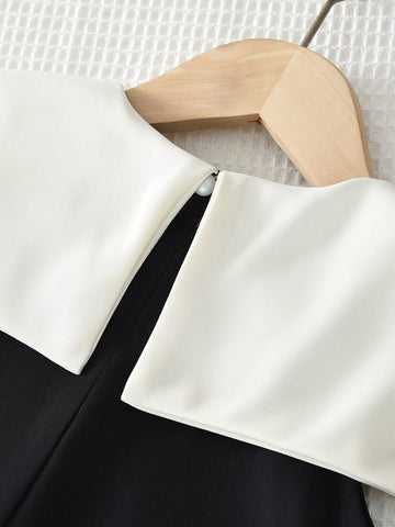 Young Girls Color Blocked Lapel Sleeveless Dress Sweet And Cute Style Suitable Wear In Summer