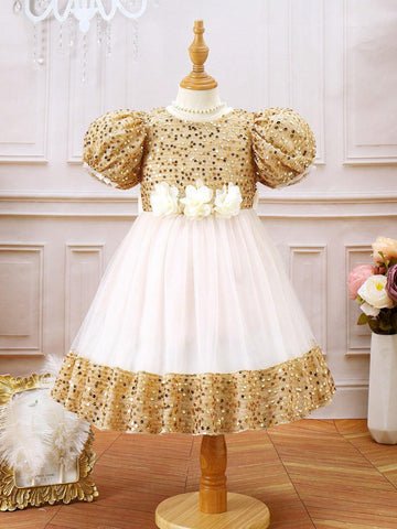 Young Girl's Color Blocked Sequined Bubble Sleeve Floral 3d Mesh Dress