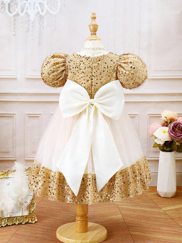 Young Girl's Color Blocked Sequined Bubble Sleeve Floral 3d Mesh Dress