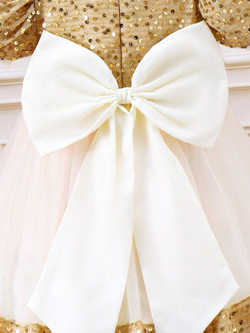 Young Girl's Color Blocked Sequined Bubble Sleeve Floral 3d Mesh Dress