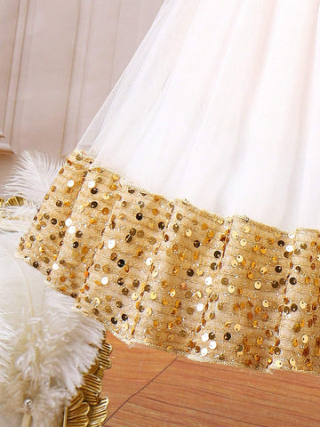 Young Girl's Color Blocked Sequined Bubble Sleeve Floral 3d Mesh Dress