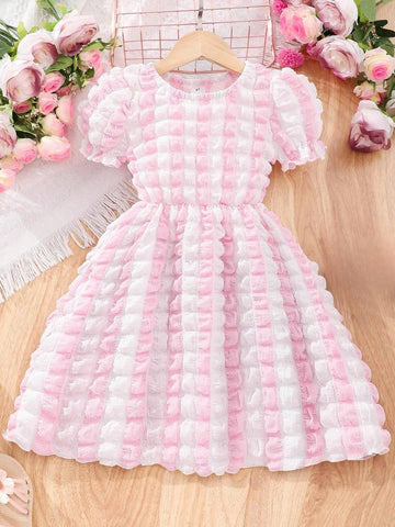 Young Girls' Color Blocked Textured Cute Princess Dress For Festival, Birthday Party, Spring And Summer