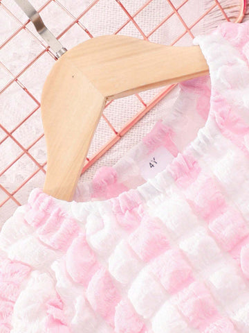 Young Girls' Color Blocked Textured Cute Princess Dress For Festival, Birthday Party, Spring And Summer