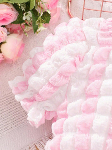 Young Girls' Color Blocked Textured Cute Princess Dress For Festival, Birthday Party, Spring And Summer