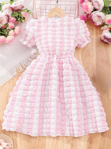 Young Girls' Color Blocked Textured Cute Princess Dress For Festival, Birthday Party, Spring And Summer