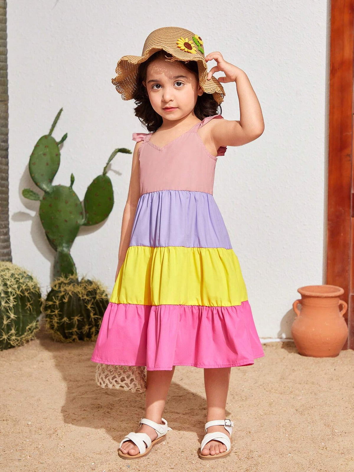 Young Girls' Color Collision Weave Ruffled Hem Loose Fit Casual Dress With Short Flutter Sleeves