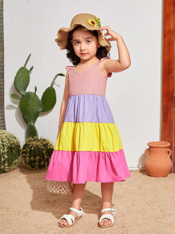 Young Girls' Color Collision Weave Ruffled Hem Loose Fit Casual Dress With Short Flutter Sleeves