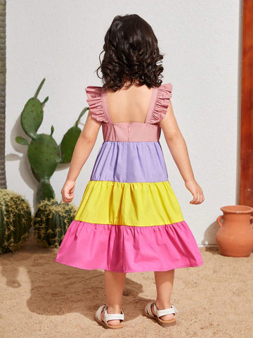 Young Girls' Color Collision Weave Ruffled Hem Loose Fit Casual Dress With Short Flutter Sleeves