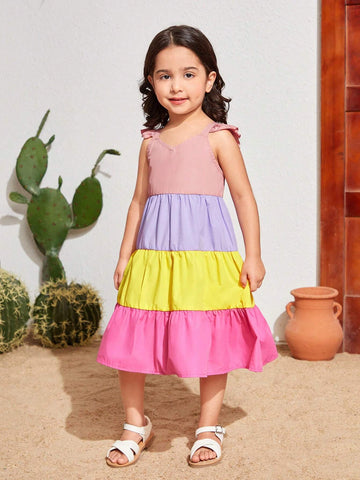 Young Girls' Color Collision Weave Ruffled Hem Loose Fit Casual Dress With Short Flutter Sleeves