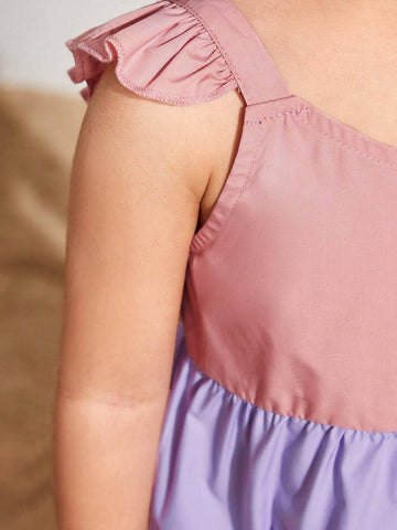 Young Girls' Color Collision Weave Ruffled Hem Loose Fit Casual Dress With Short Flutter Sleeves