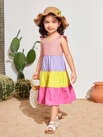 Young Girls' Color Collision Weave Ruffled Hem Loose Fit Casual Dress With Short Flutter Sleeves