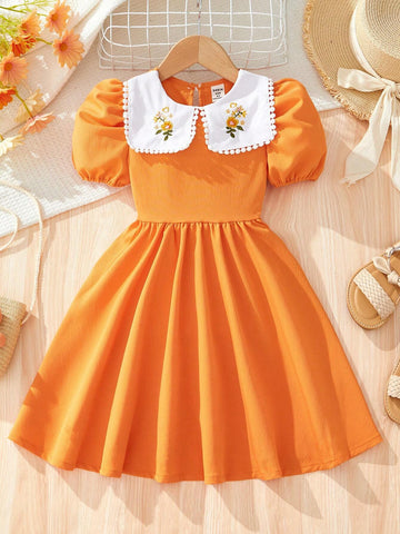 Young Girls' Colorblock Doll Collar Dress With Flower Embroidery And Puff Sleeves For Summer