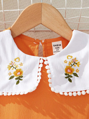 Young Girls' Colorblock Doll Collar Dress With Flower Embroidery And Puff Sleeves For Summer