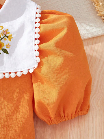 Young Girls' Colorblock Doll Collar Dress With Flower Embroidery And Puff Sleeves For Summer