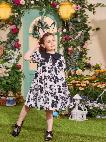 Young Girls' Colorblock Doll Collar Floral Printed Dress