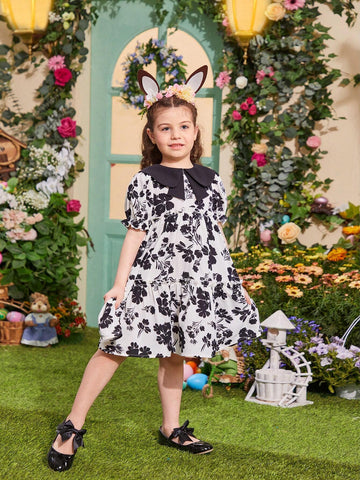 Young Girls' Colorblock Doll Collar Floral Printed Dress