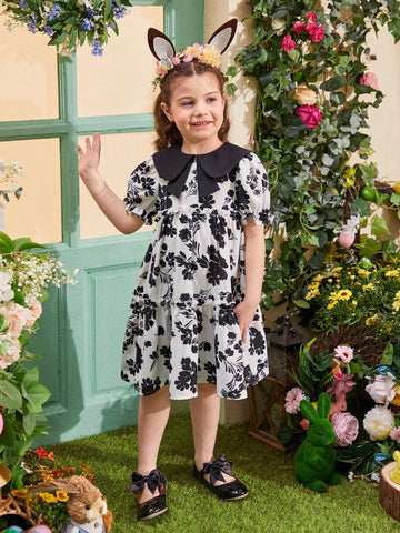 Young Girls' Colorblock Doll Collar Floral Printed Dress