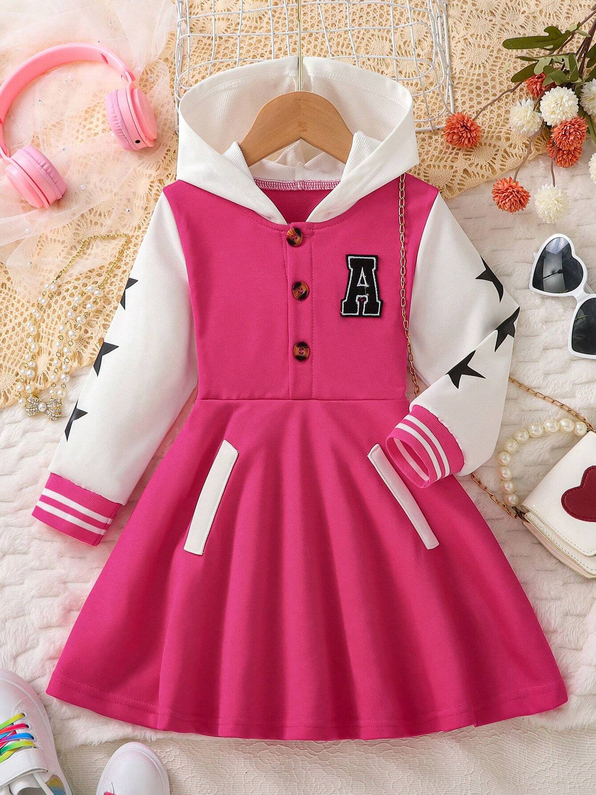 Young Girls' Colorblock Hooded Button-Up Front Cartoon Star Print Long Sweatshirt Dress, Sweet Sports Style For Young Girl Spring Autumn