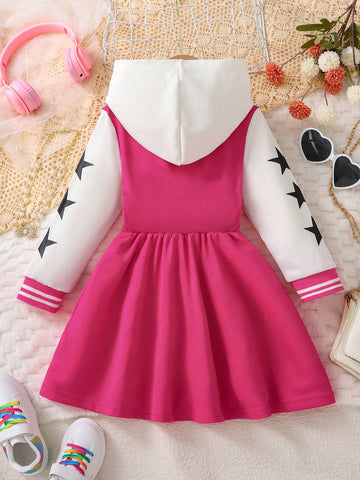 Young Girls' Colorblock Hooded Button-Up Front Cartoon Star Print Long Sweatshirt Dress, Sweet Sports Style For Young Girl Spring Autumn