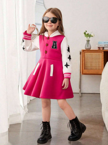 Young Girls' Colorblock Hooded Button-Up Front Cartoon Star Print Long Sweatshirt Dress, Sweet Sports Style For Young Girl Spring Autumn