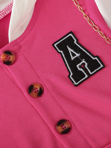 Young Girls' Colorblock Hooded Button-Up Front Cartoon Star Print Long Sweatshirt Dress, Sweet Sports Style For Young Girl Spring Autumn