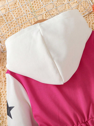 Young Girls' Colorblock Hooded Button-Up Front Cartoon Star Print Long Sweatshirt Dress, Sweet Sports Style For Young Girl Spring Autumn