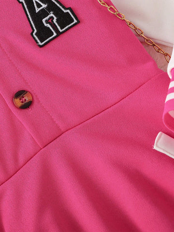 Young Girls' Colorblock Hooded Button-Up Front Cartoon Star Print Long Sweatshirt Dress, Sweet Sports Style For Young Girl Spring Autumn