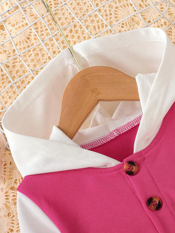 Young Girls' Colorblock Hooded Button-Up Front Cartoon Star Print Long Sweatshirt Dress, Sweet Sports Style For Young Girl Spring Autumn