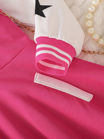 Young Girls' Colorblock Hooded Button-Up Front Cartoon Star Print Long Sweatshirt Dress, Sweet Sports Style For Young Girl Spring Autumn