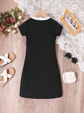 Young Girls Colorblock Short Sleeve Round Neck Simple Casual T-Shirt