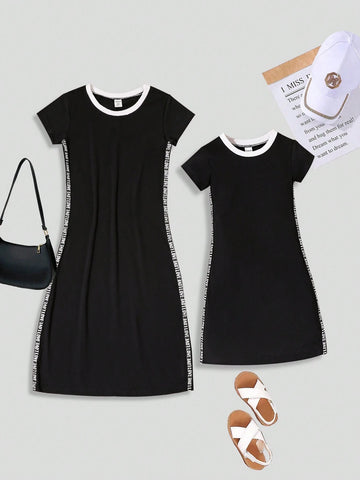 Young Girls Colorblock Short Sleeve Round Neck Simple Casual T-Shirt