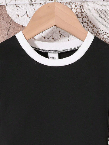 Young Girls Colorblock Short Sleeve Round Neck Simple Casual T-Shirt