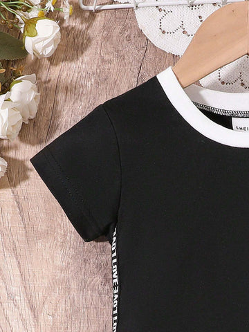 Young Girls Colorblock Short Sleeve Round Neck Simple Casual T-Shirt