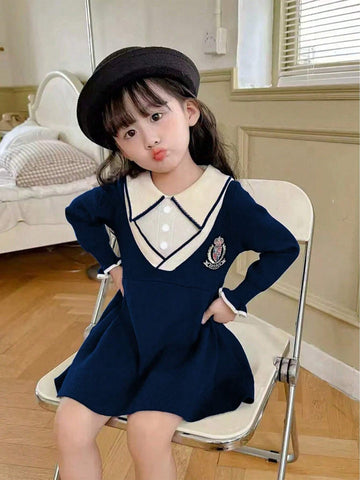 Young Girls" Colorblocked Collar Long Sleeve Dress, Fashionable Campus Style With Letter Detail