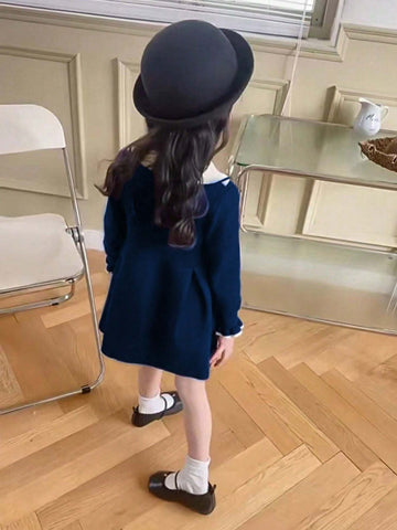 Young Girls" Colorblocked Collar Long Sleeve Dress, Fashionable Campus Style With Letter Detail