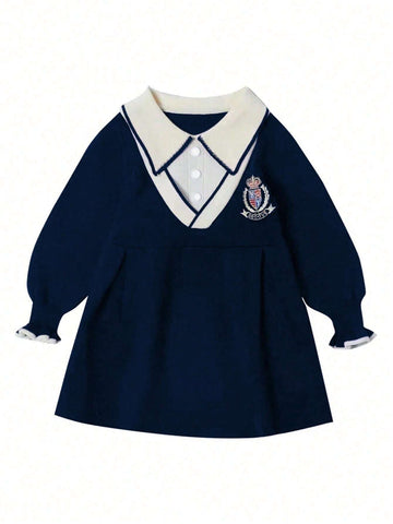 Young Girls" Colorblocked Collar Long Sleeve Dress, Fashionable Campus Style With Letter Detail