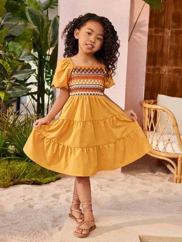 Young Girls' Colorblocking Striped Butterfly Puff Sleeve Dress
